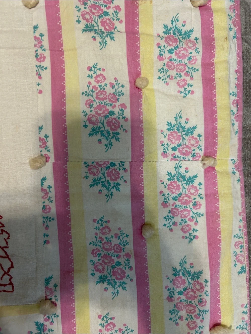 Vintage Embroidered Cream and Pink with red embroidery - Quilt Throw